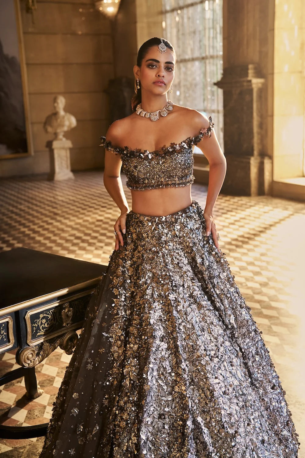 Seema Gujral - Metallic Silver 3D Lehenga Set