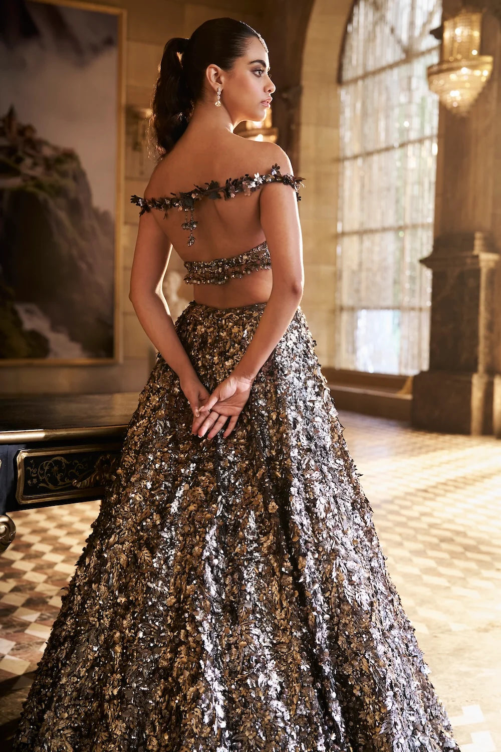 Seema Gujral - Metallic Silver 3D Lehenga Set