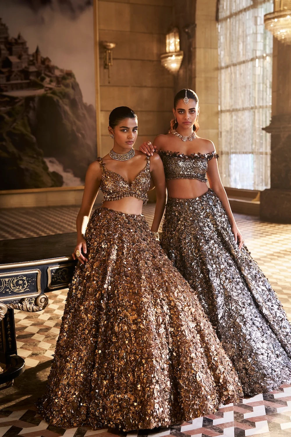 Seema Gujral - Metallic Silver 3D Lehenga Set
