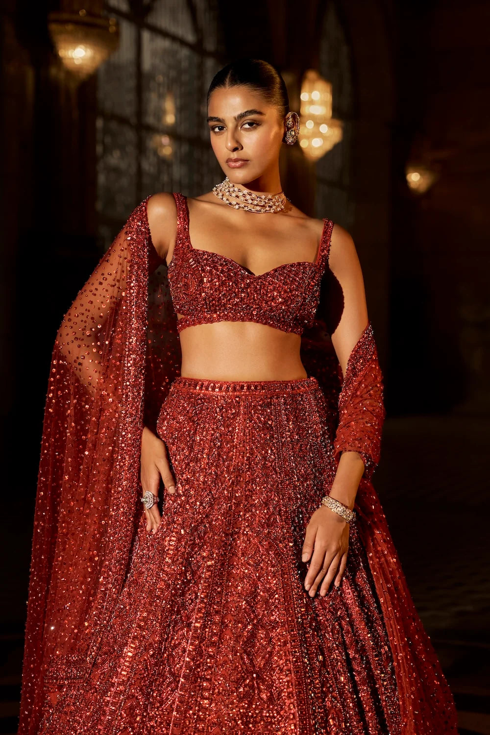 Seema Gujral - Brick Red Crystal Lehenga Set