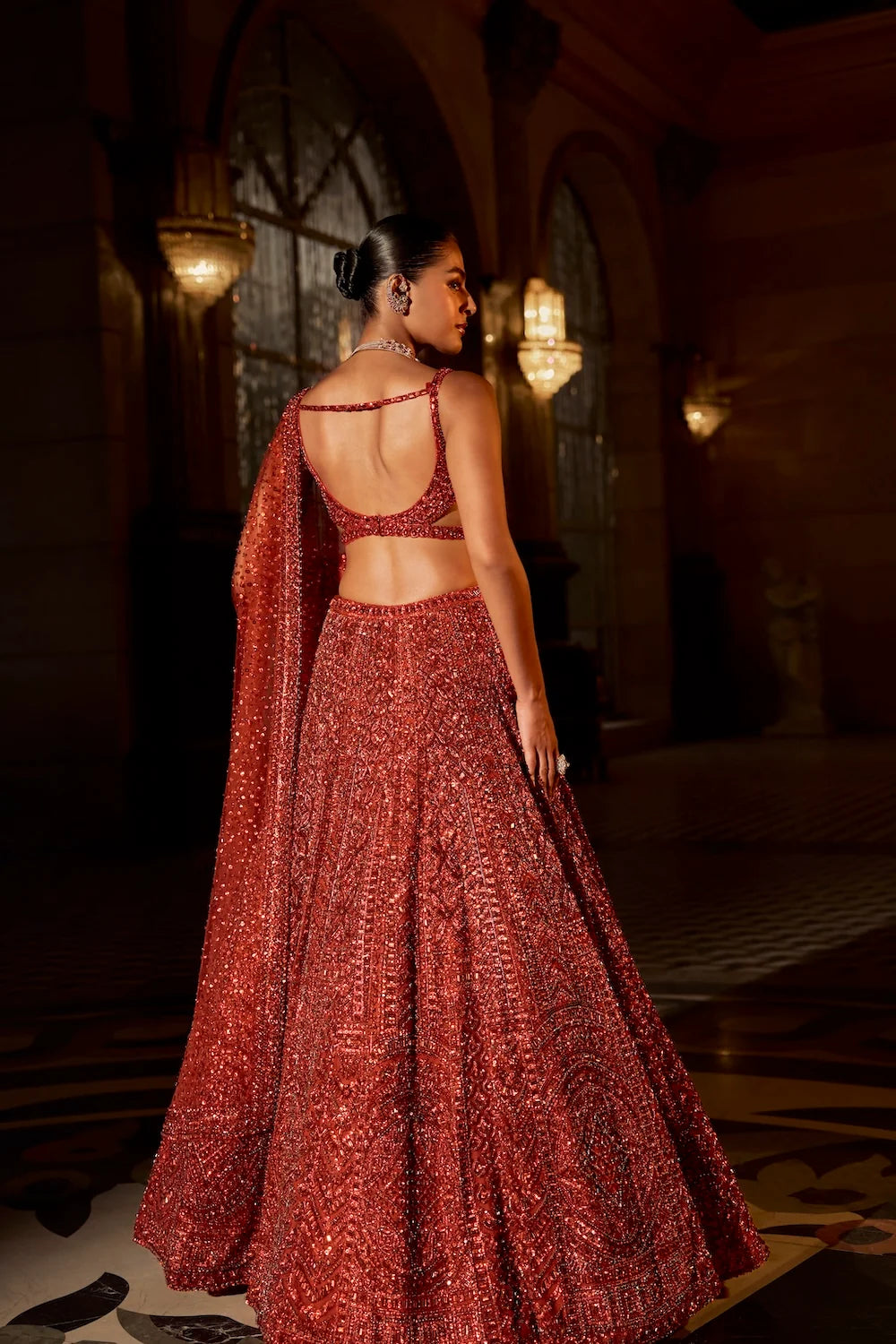 Seema Gujral - Brick Red Crystal Lehenga Set