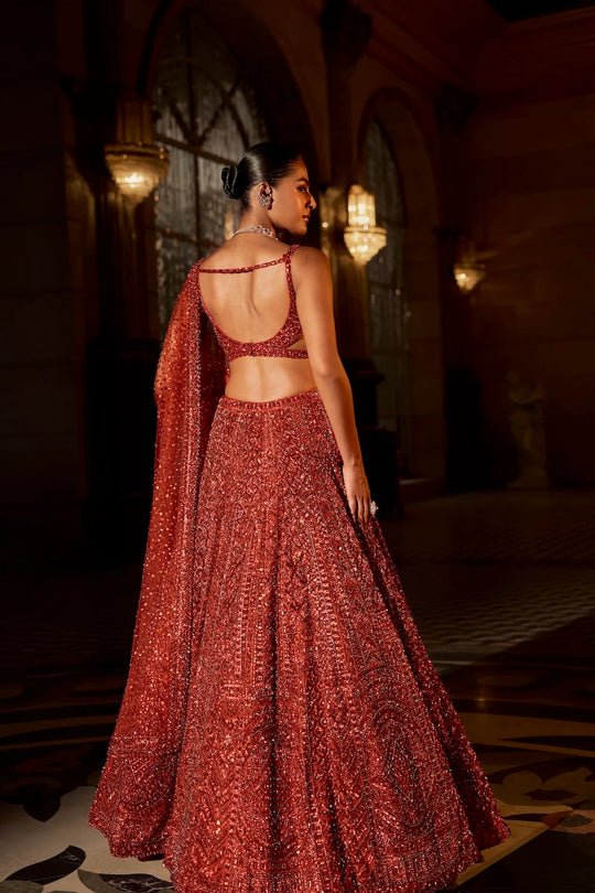 Seema Gujral - Brick Red Crystal Lehenga Set