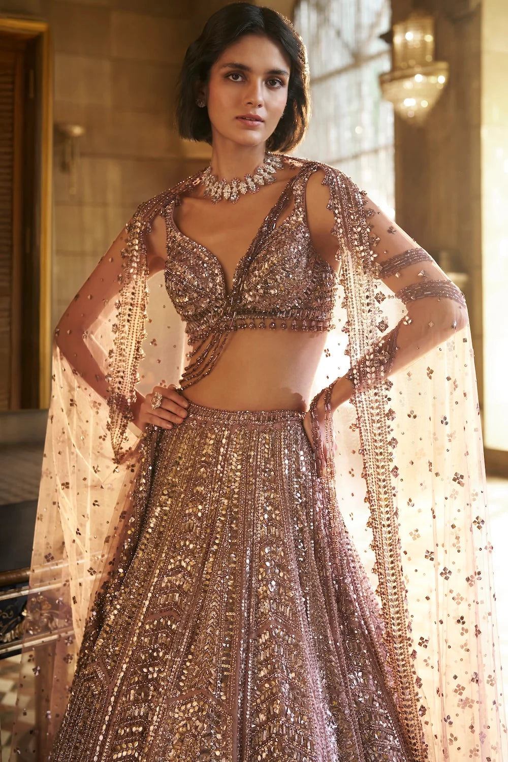 Seema Gujral - Dusty Mauve Sequin Lehenga Set