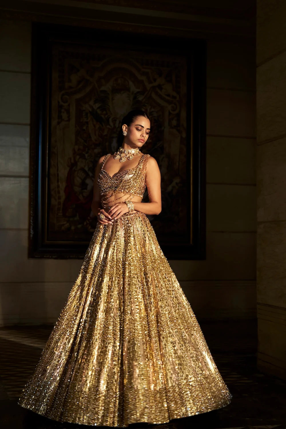Seema Gujral - Gold Crystal Lehenga Set
