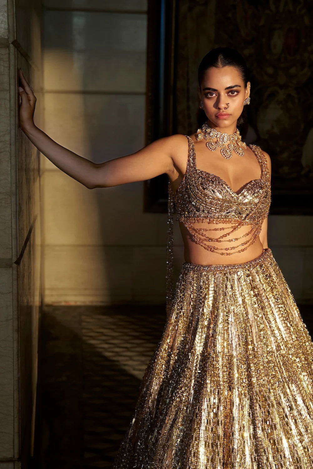 Seema Gujral - Gold Crystal Lehenga Set