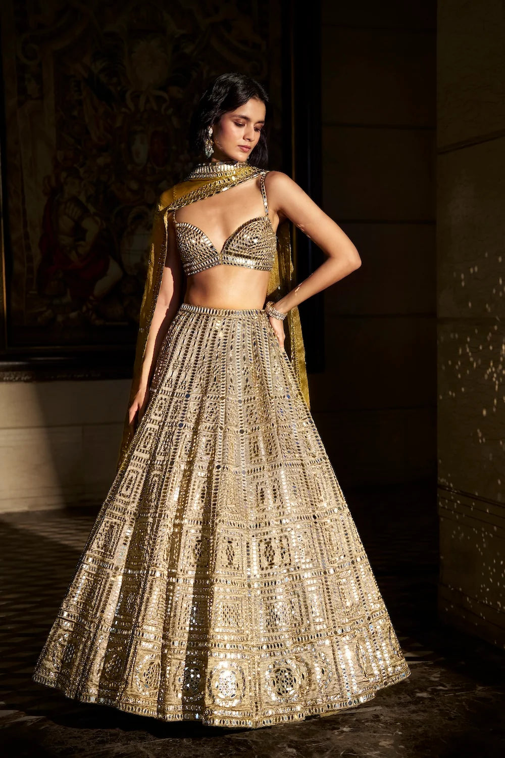 Seema Gujral - Antique Gold Mirror Work Lehenga Set