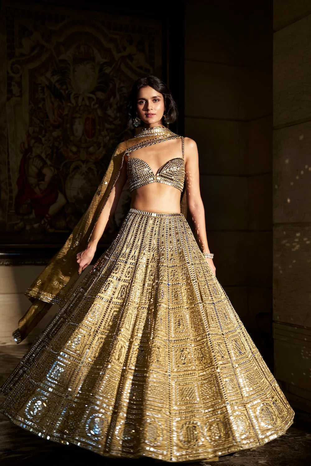 Seema Gujral - Antique Gold Mirror Work Lehenga Set