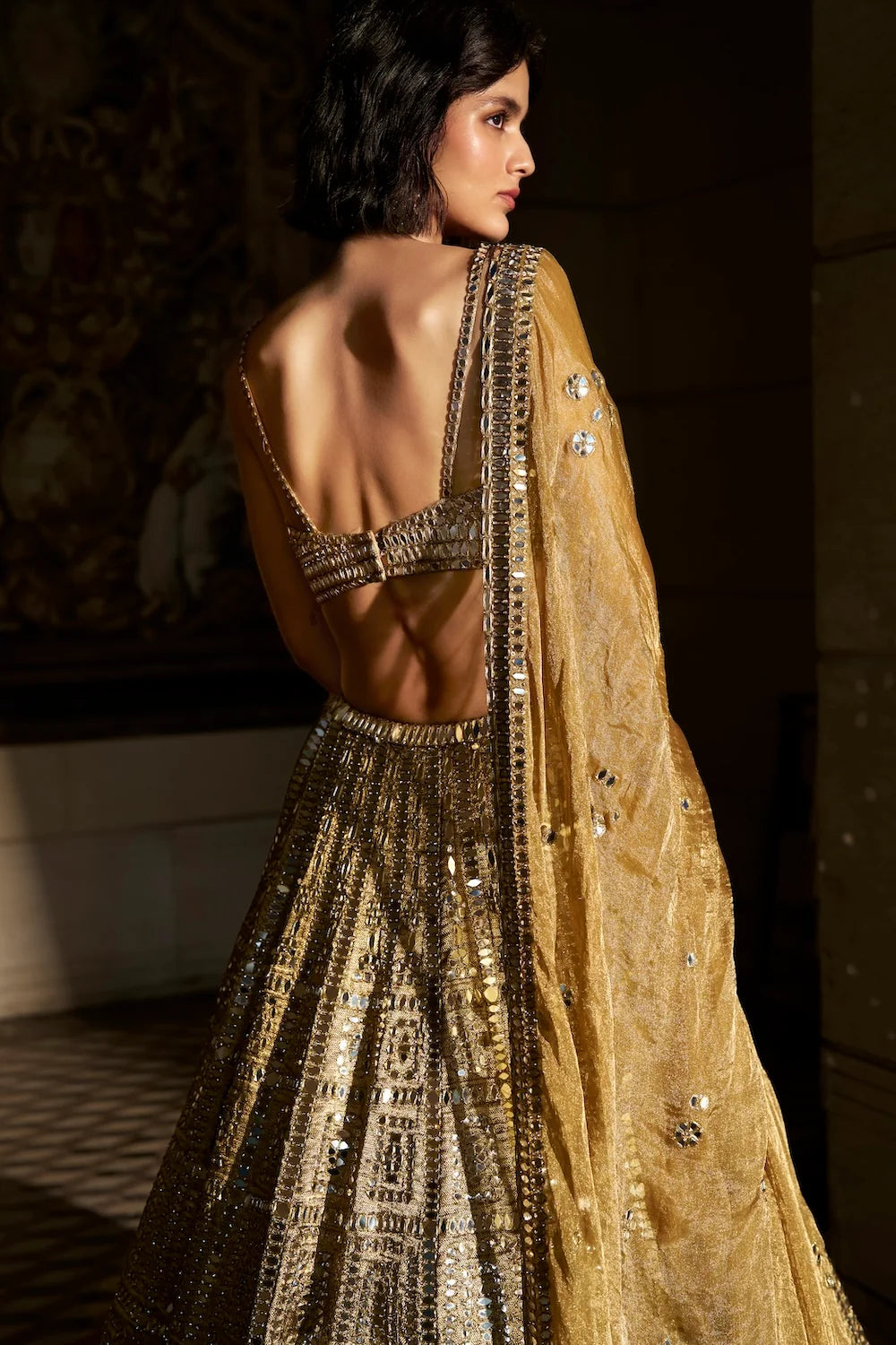 Seema Gujral - Antique Gold Mirror Work Lehenga Set
