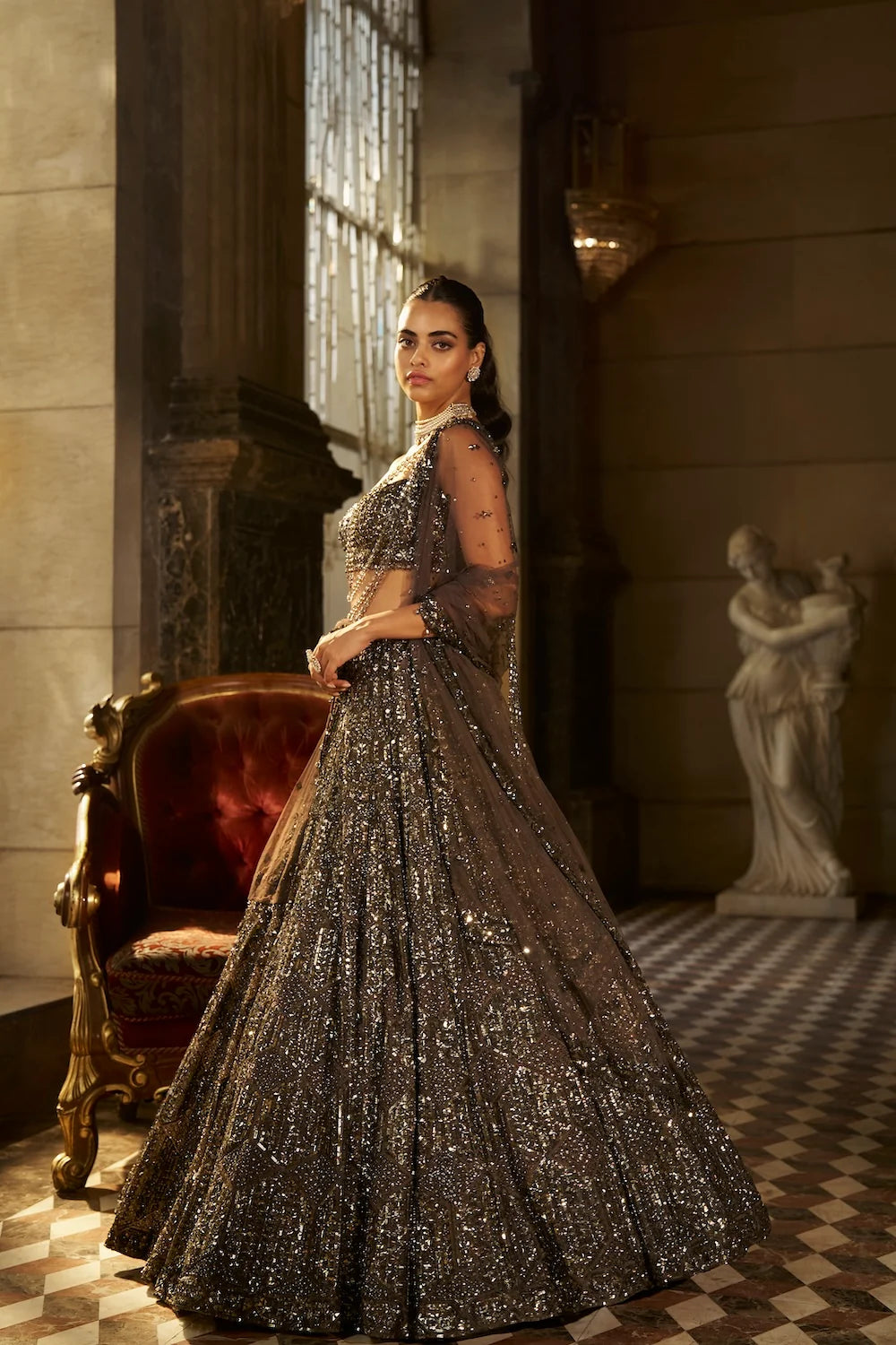 Seema Gujral - Charcoal Sequin Lehenga Set