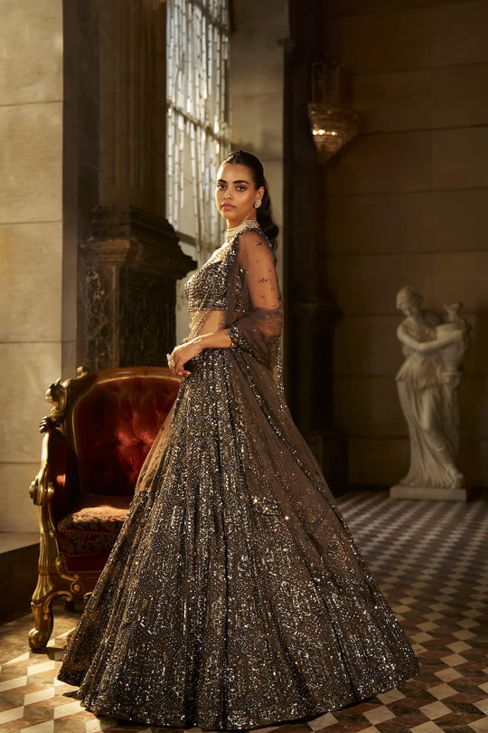 Seema Gujral - Charcoal Sequin Lehenga Set