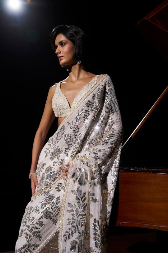 Seema Gujral - Gold Silver Sequin Georgette Saree