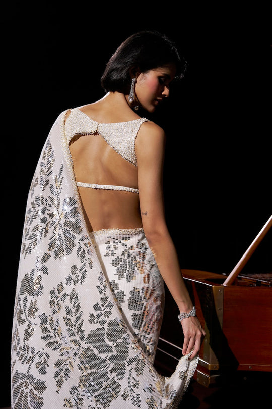 Seema Gujral - Gold Silver Sequin Georgette Saree