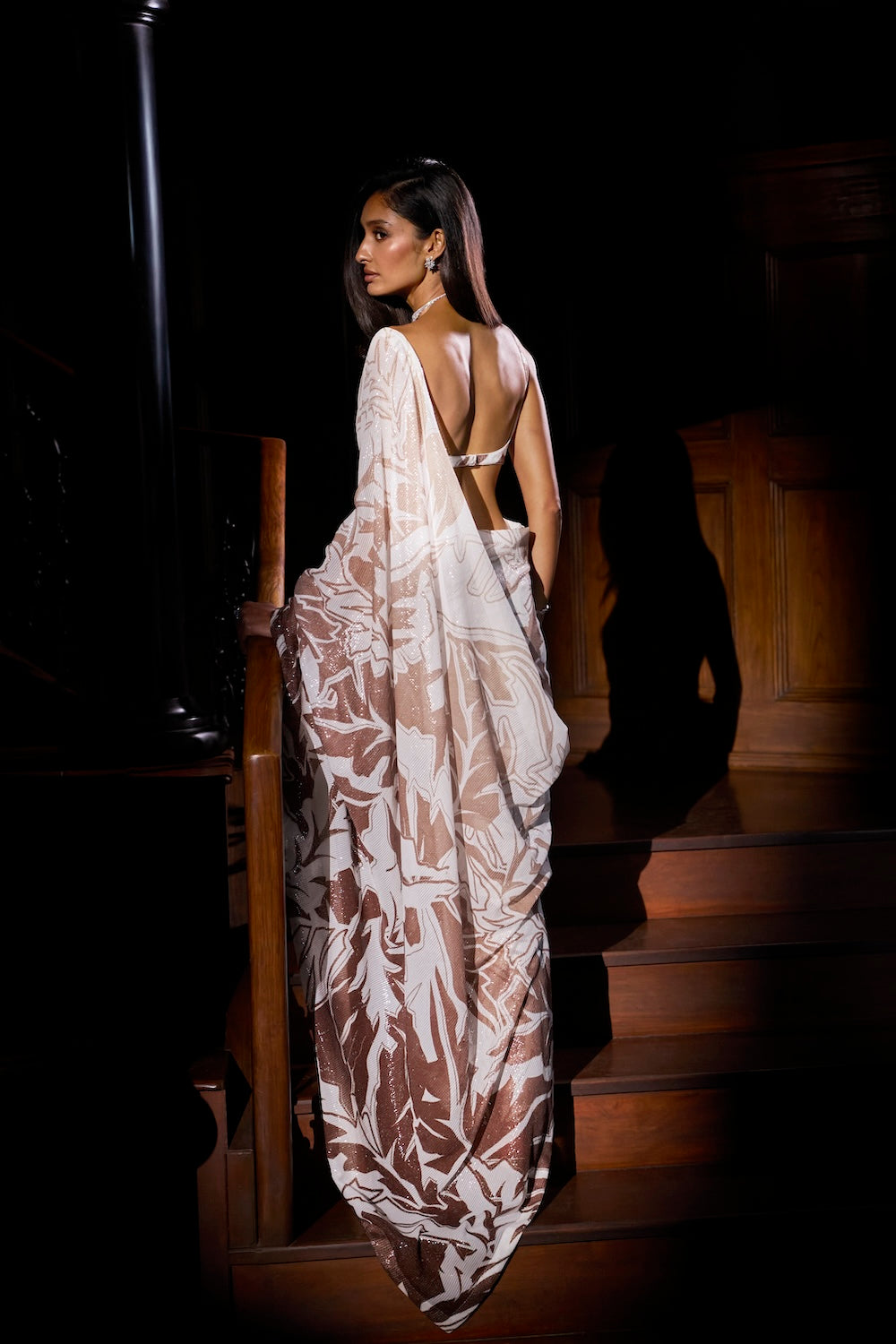 Seema Gujral - Coffee Cream Sequin Georgette Saree