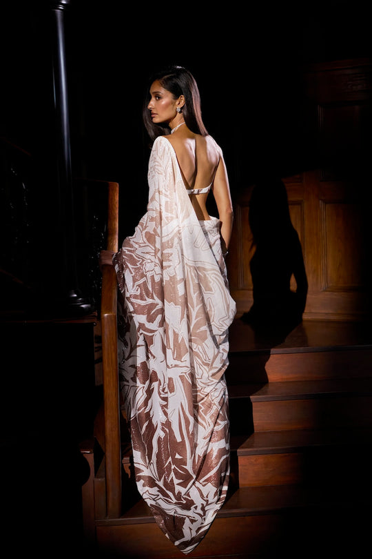 Seema Gujral - Coffee Cream Sequin Georgette Saree