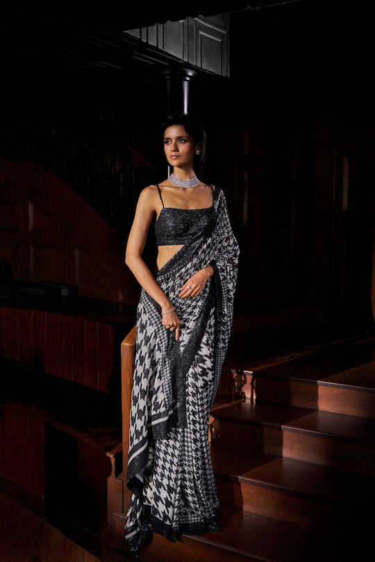 Seema Gujral - Hounds-Tooth Sequin Georgette Saree