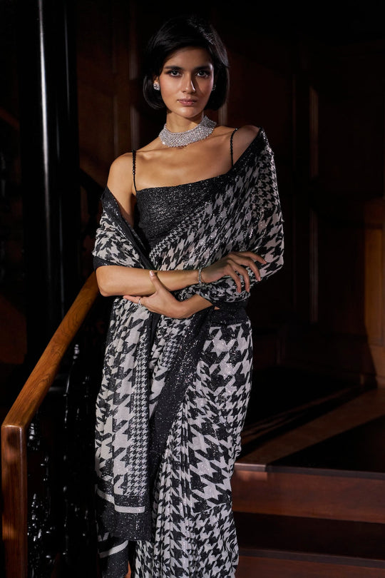 Seema Gujral - Hounds-Tooth Sequin Georgette Saree