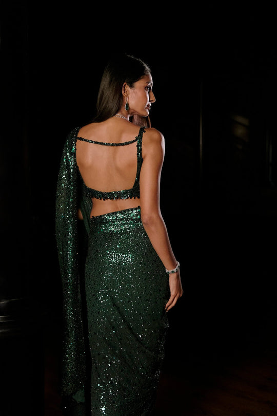 Seema Gujral - Emerald Green Ombre Sequin Georgette Saree