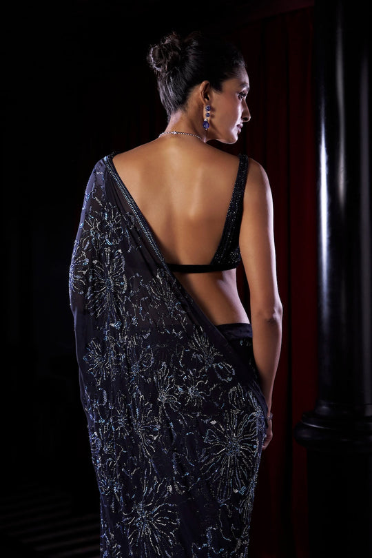 Seema Gujral - Midnight Blue Crystal Georgette Saree