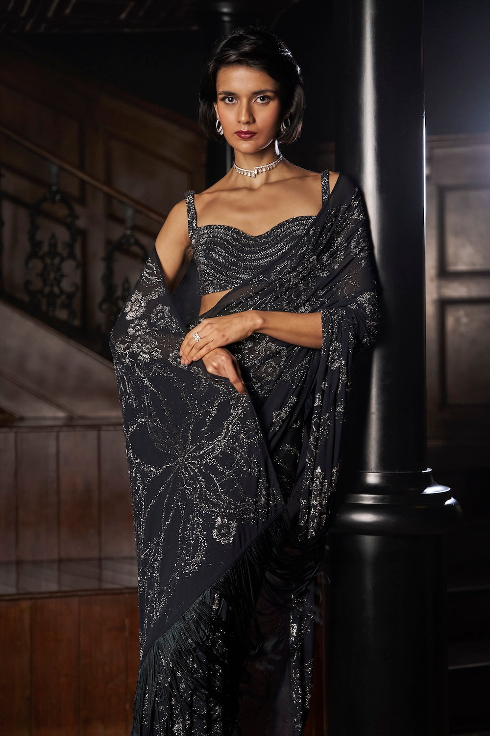 Seema Gujral - Steel Blue Crystal Georgette Saree