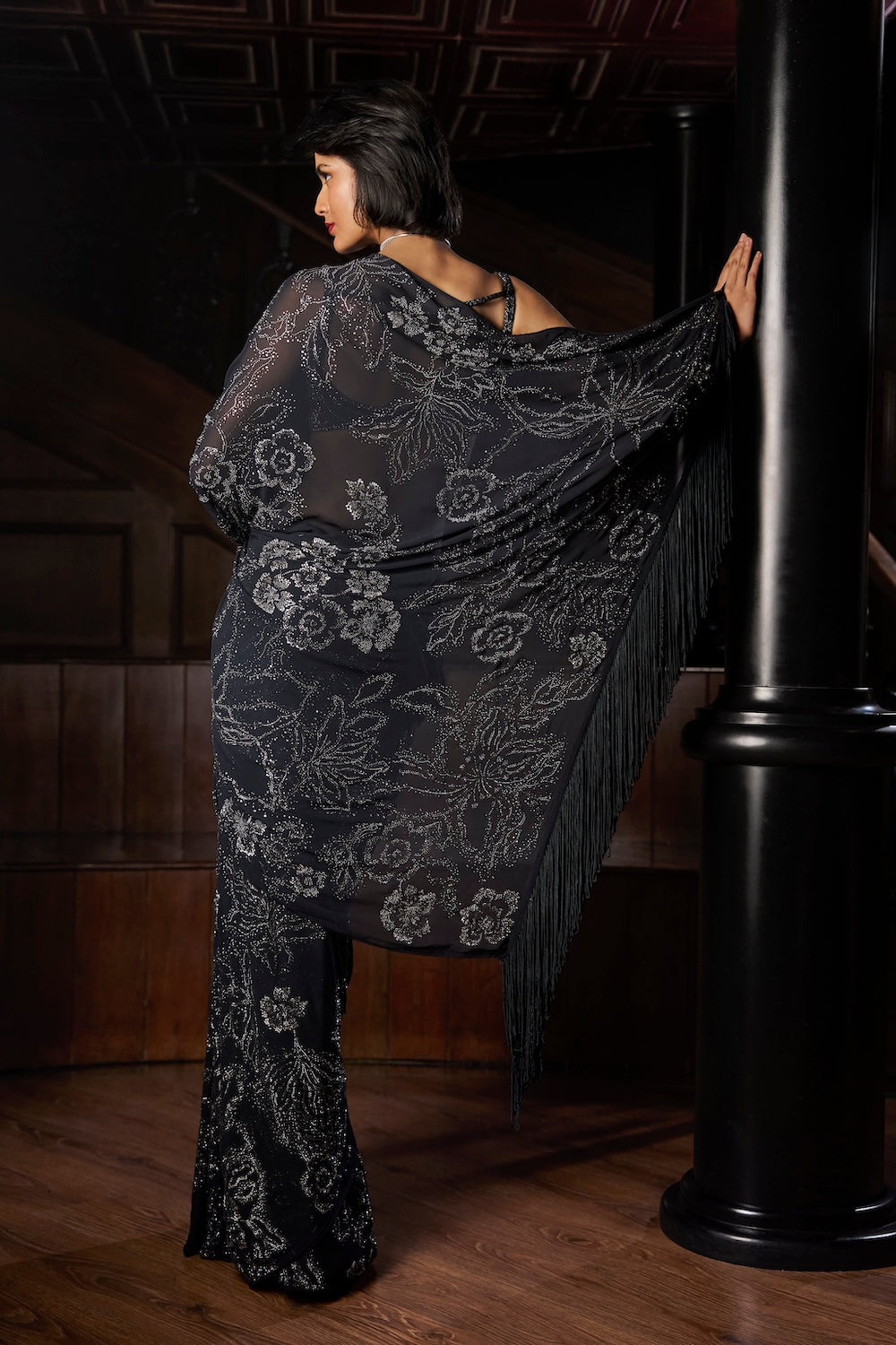 Seema Gujral - Steel Blue Crystal Georgette Saree