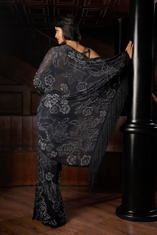 Seema Gujral - Steel Blue Crystal Georgette Saree