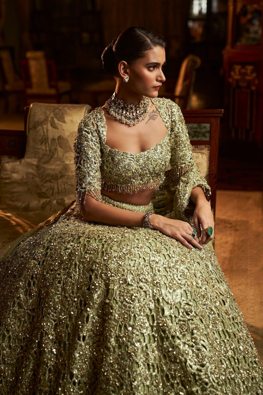 Falaknuma Sage Green Cut Work Lehenga Set | Seema Gujral XS / 42 Falaknuma Sage Green Cut Work Lehenga Set | Seema Gujral XS / 42