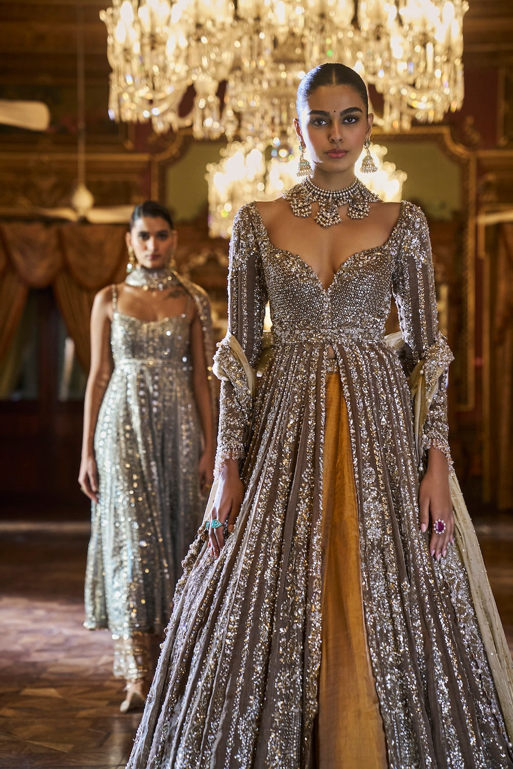Seema Gujral - Gold Silver tissue Jacket Lehenga Set