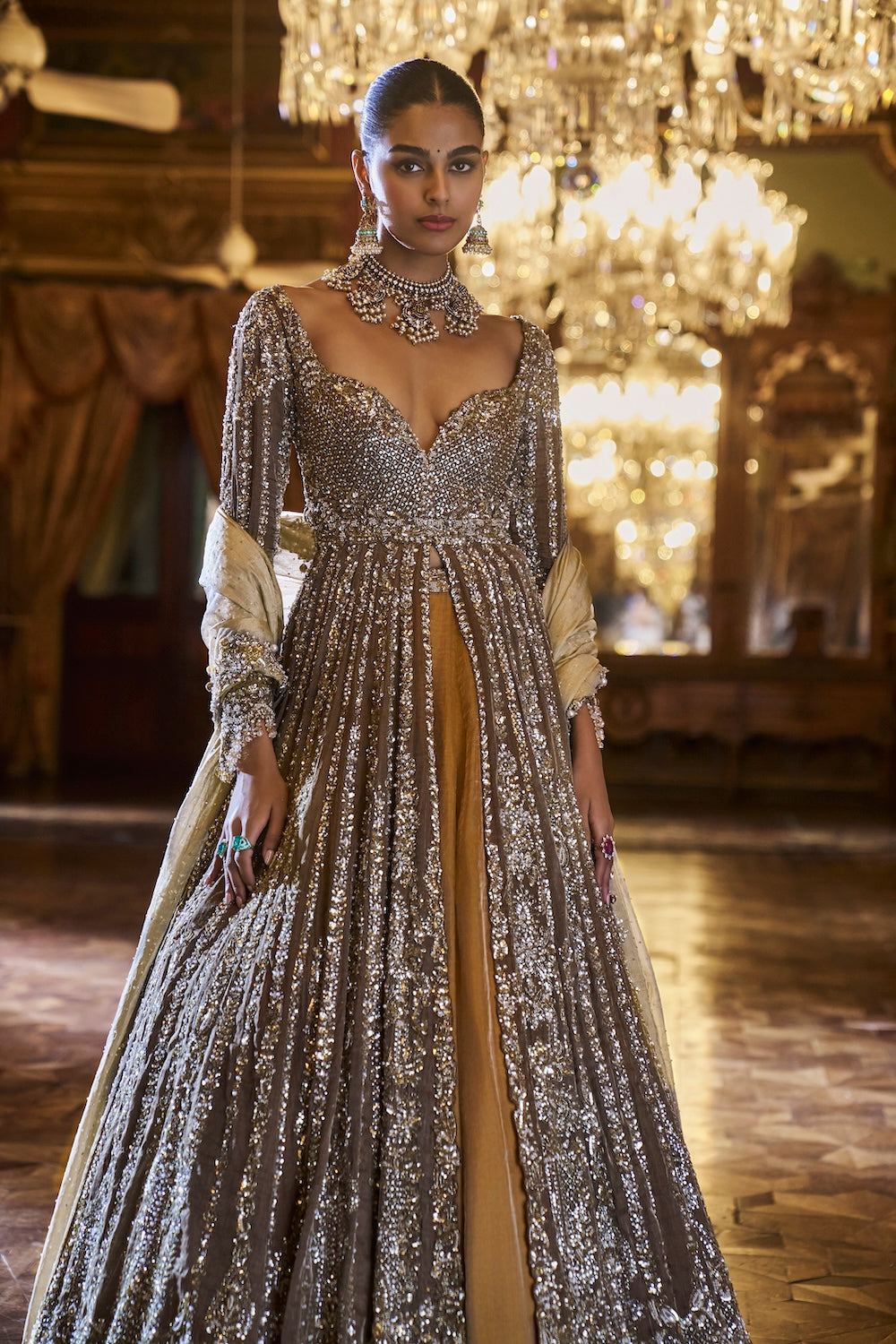 Seema Gujral - Gold Silver tissue Jacket Lehenga Set