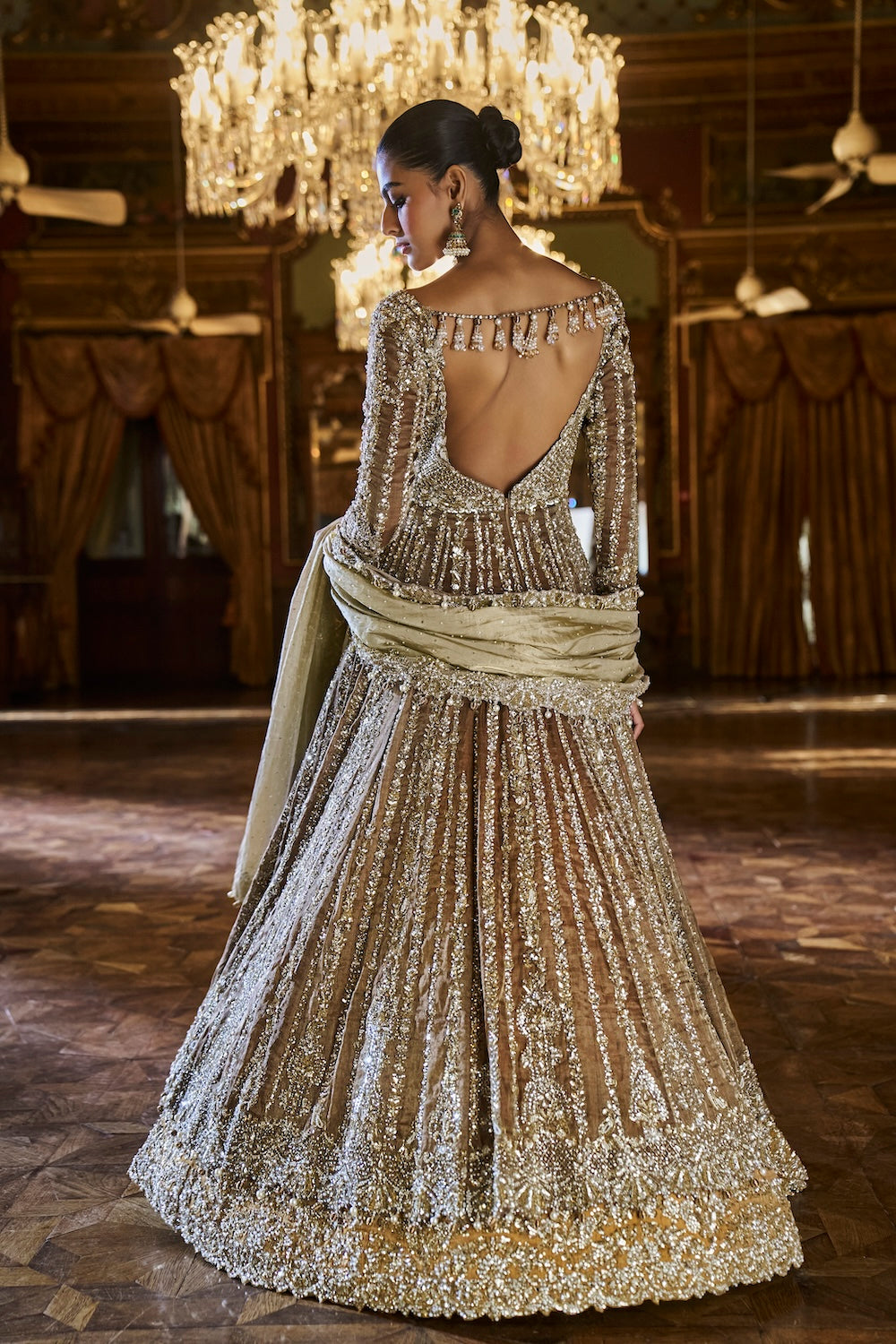 Seema Gujral - Gold Silver tissue Jacket Lehenga Set