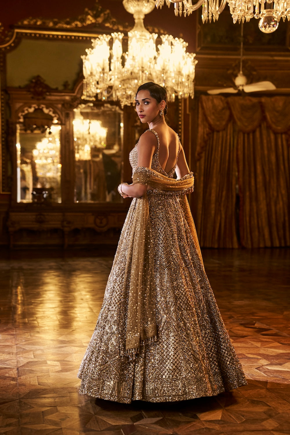 Seema Gujral - Antique Gold Sequin Lehenga Set