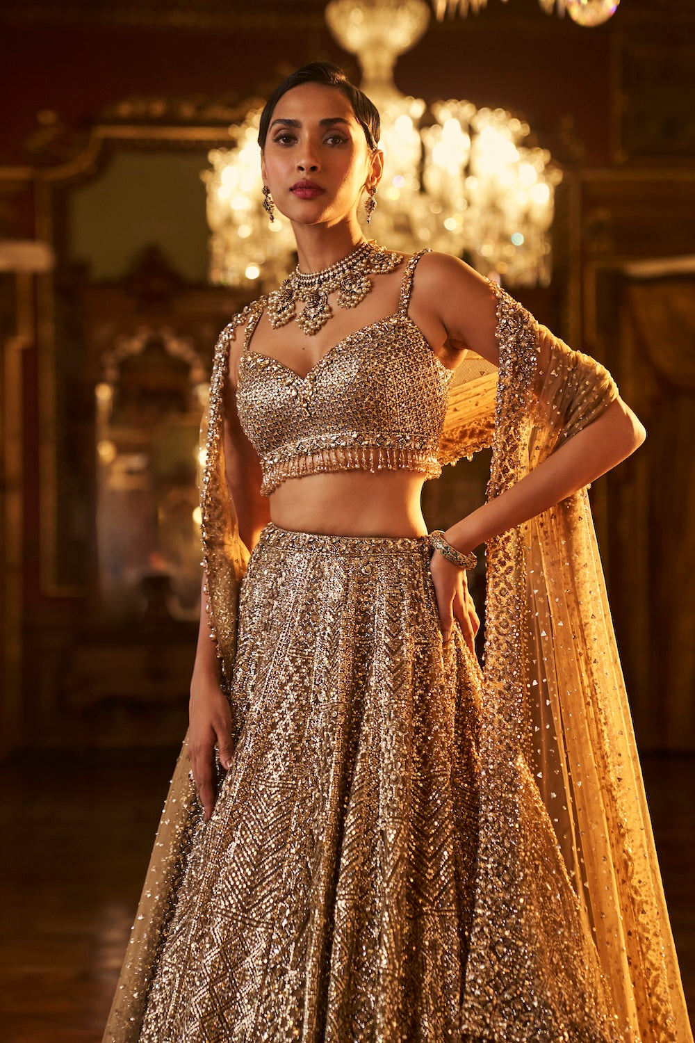 Seema Gujral - Antique Gold Sequin Lehenga Set