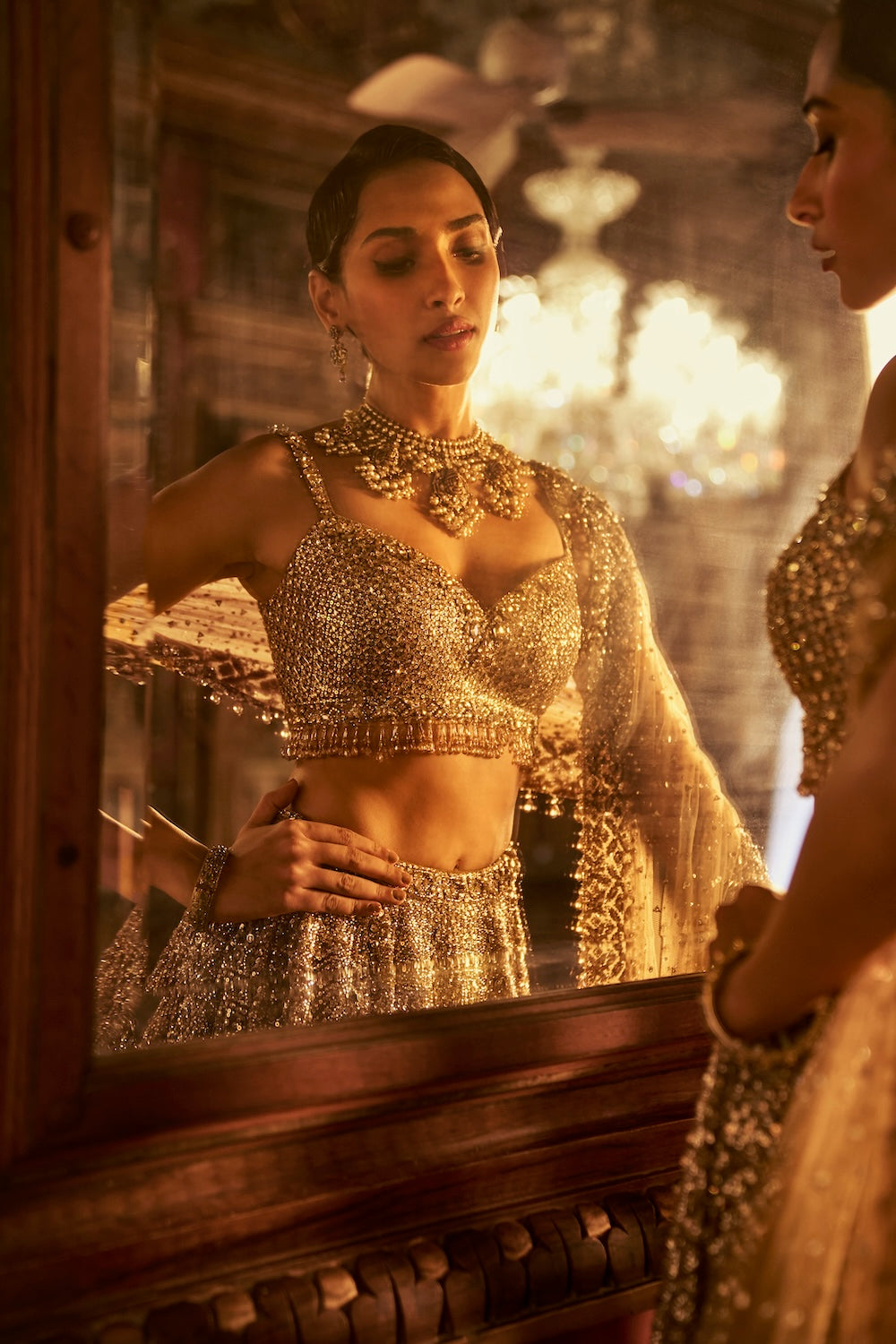 Seema Gujral - Antique Gold Sequin Lehenga Set