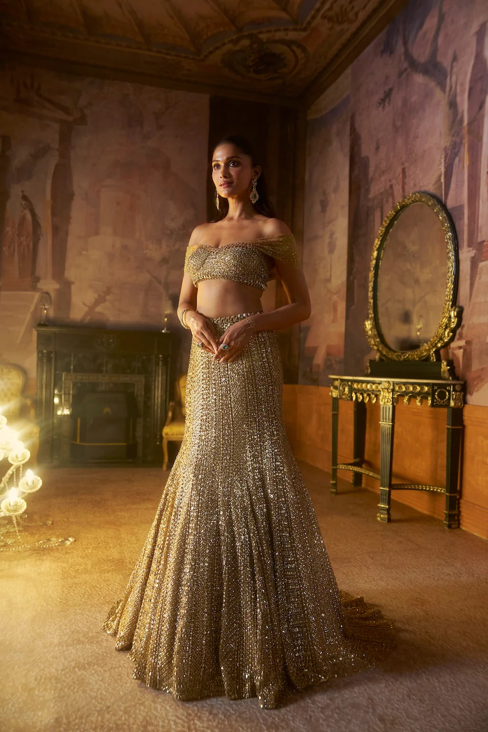 Seema Gujral - Antique Gold Trail Skirt Set