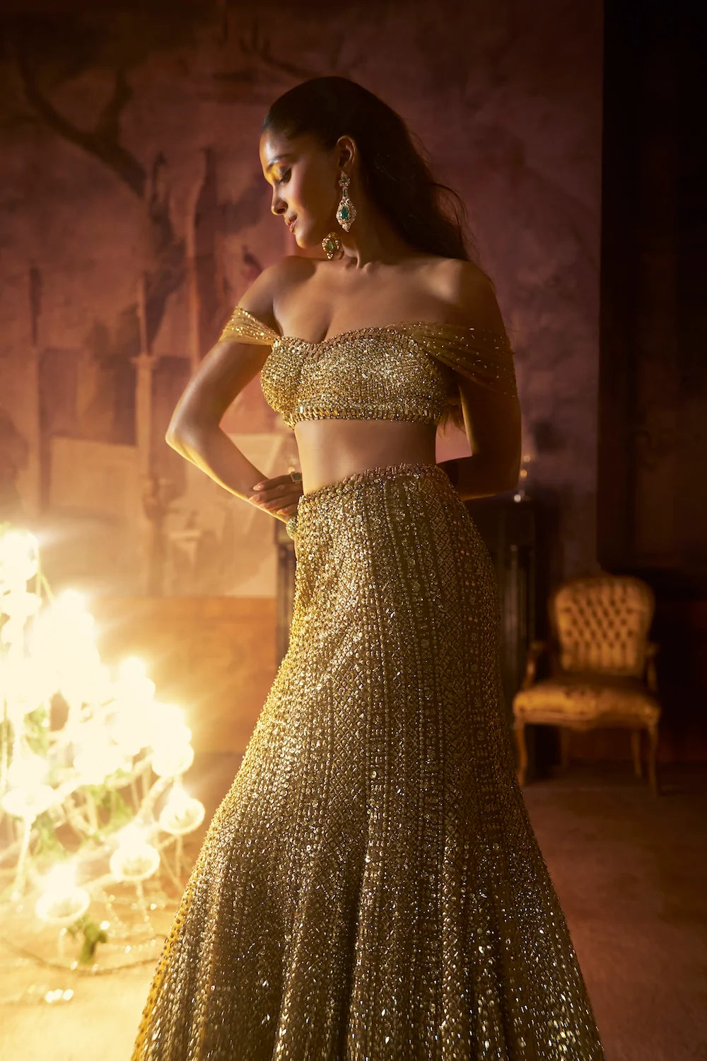 Seema Gujral - Antique Gold Trail Skirt Set