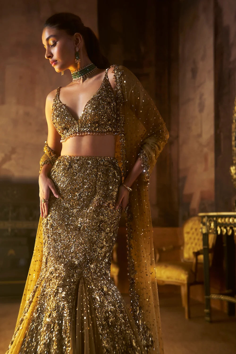 Seema Gujral - Antique Gold Fit & Flare Skirt Set
