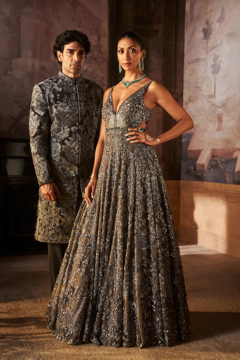 Seema Gujral - Charcoal Silver Sherwani Set