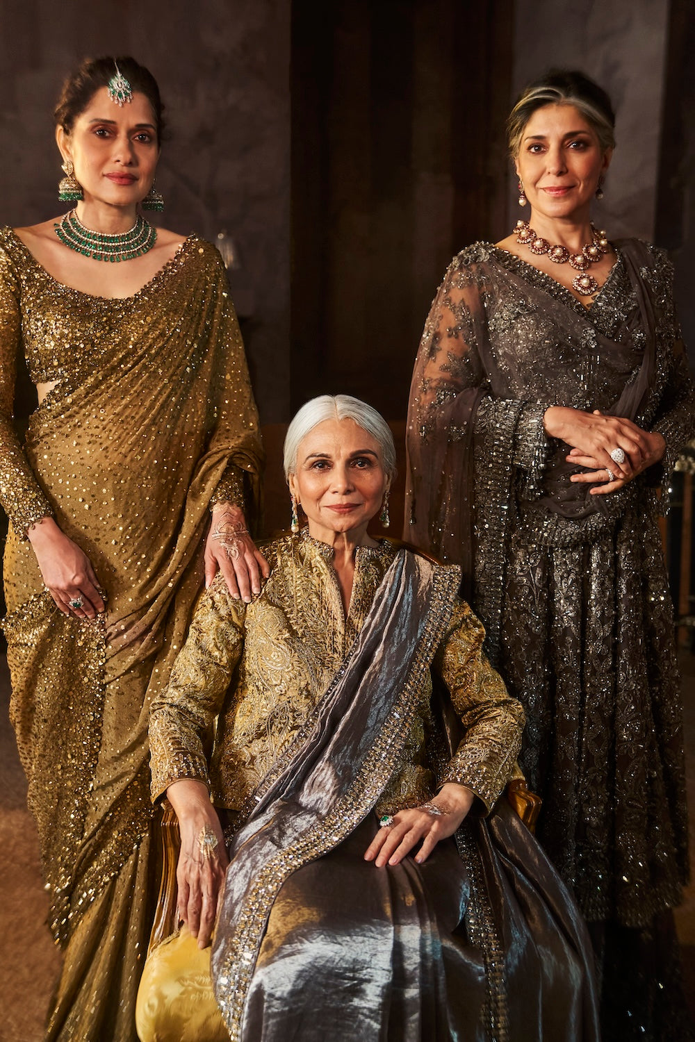 Seema Gujral - Antique Gold Georgette Sequin Saree