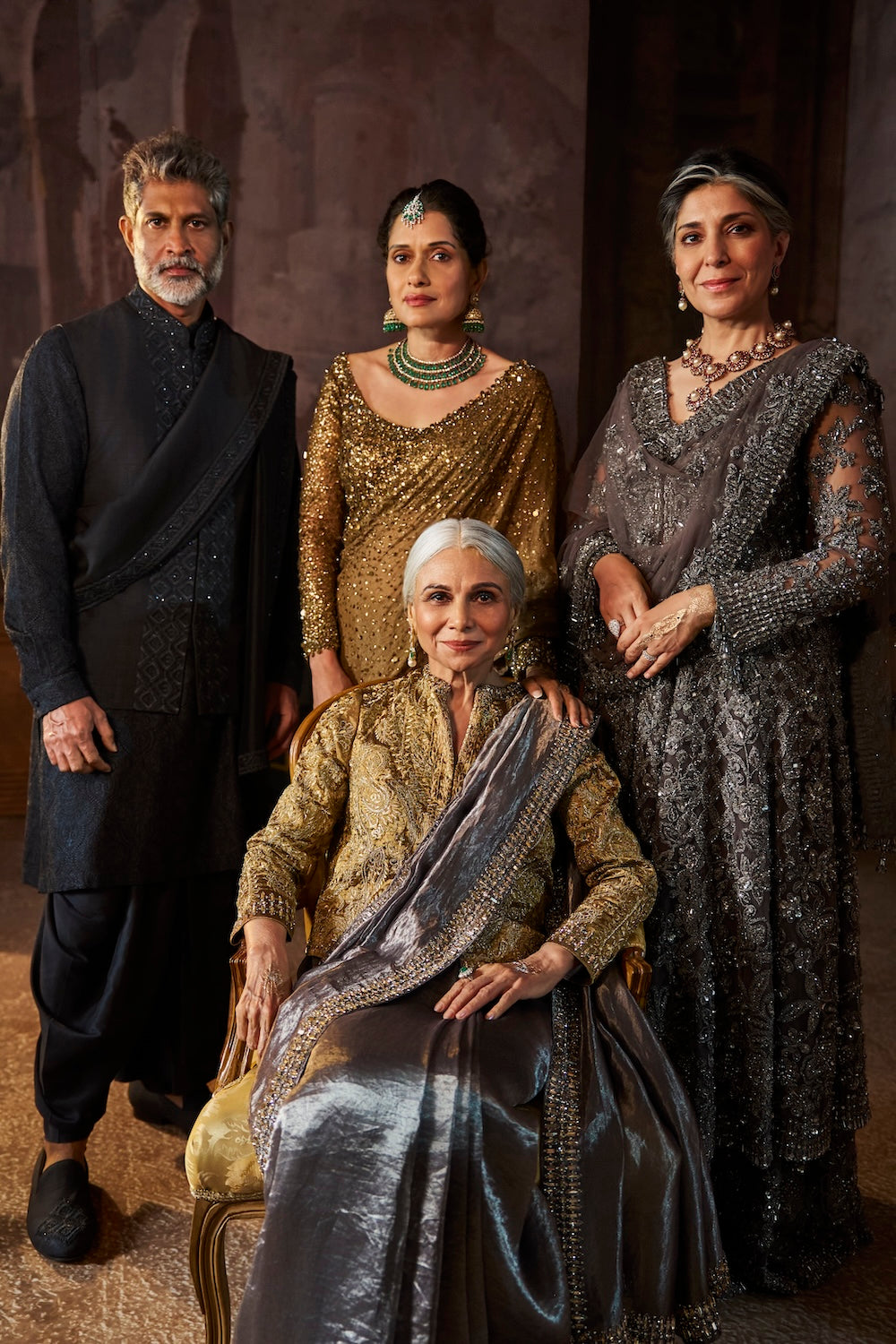 Seema Gujral - Antique Gold Georgette Sequin Saree