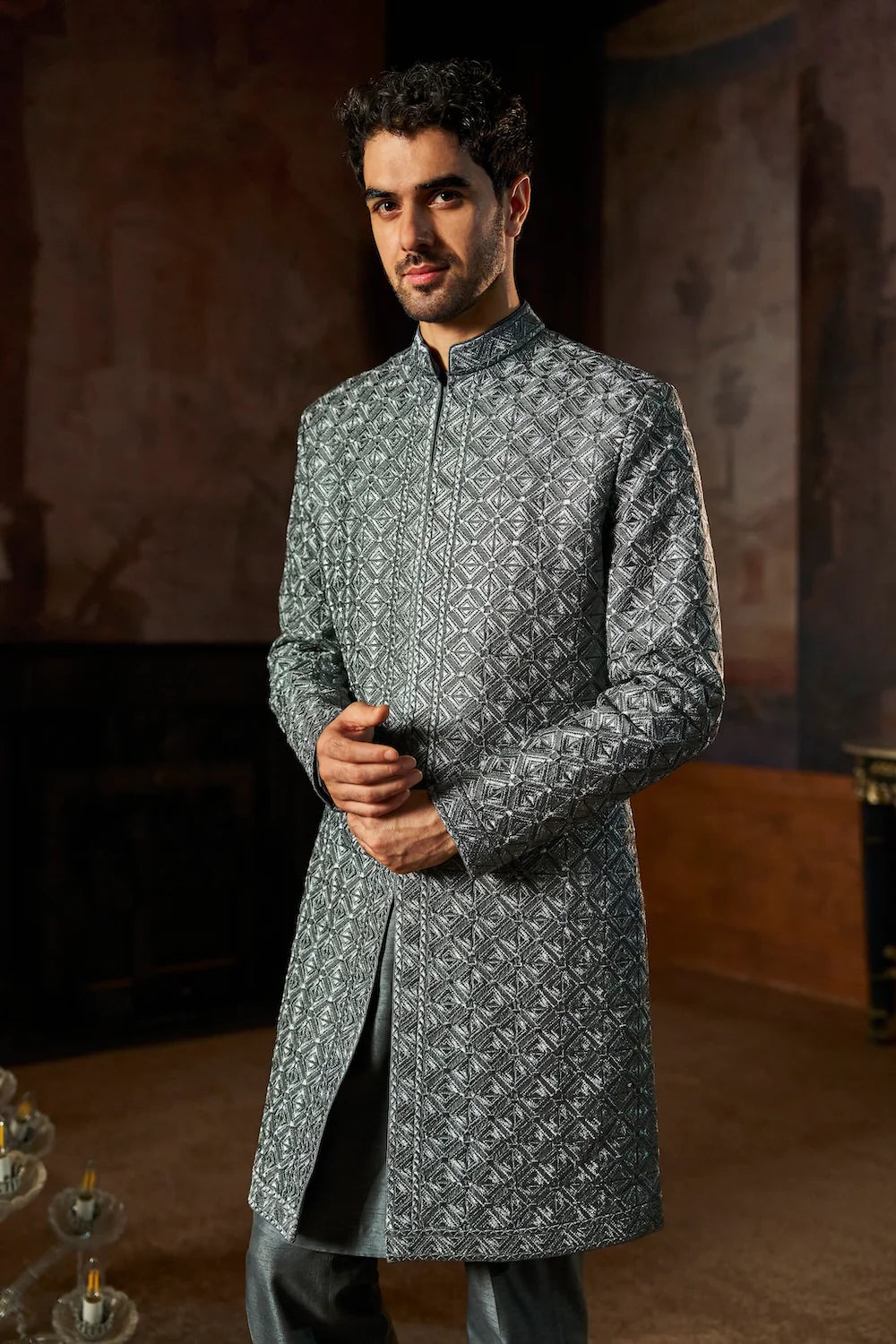Seema Gujral - Charcoal Metallic Sherwani Set