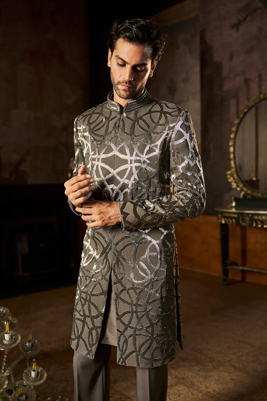 Seema Gujral - Grey Metallic Sherwani Set