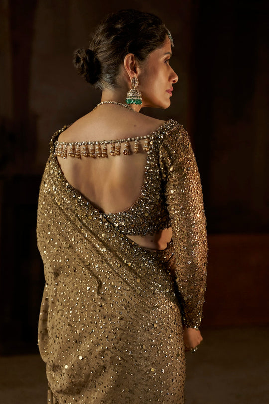 Seema Gujral - Antique Gold Georgette Sequin Saree