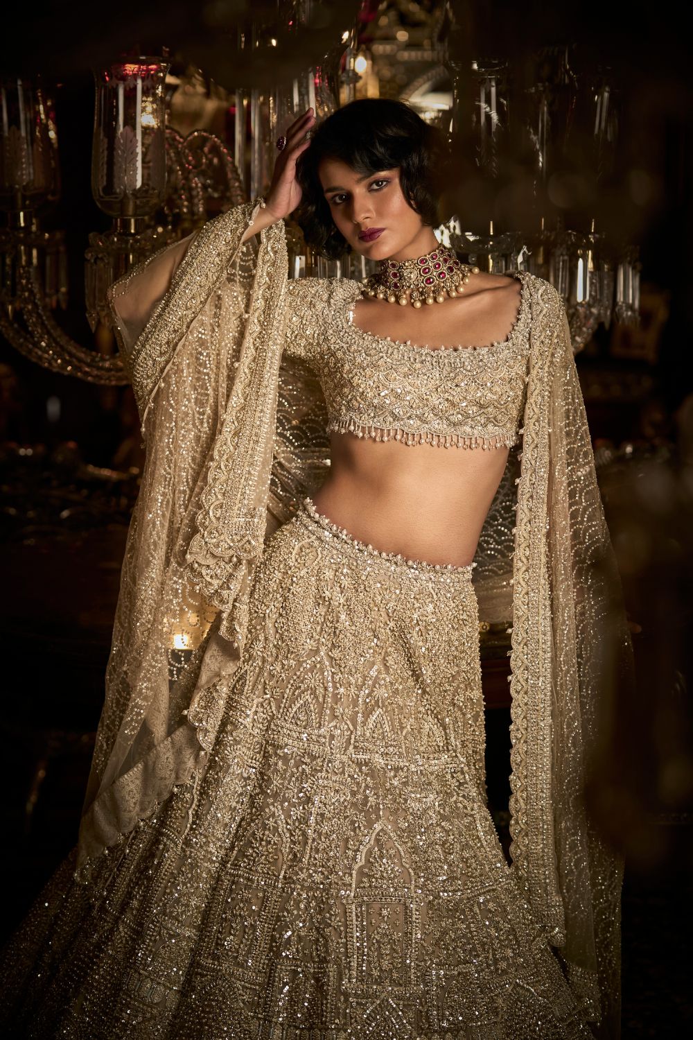 Seema Gujral - Champagne Pearl Lehenga Set