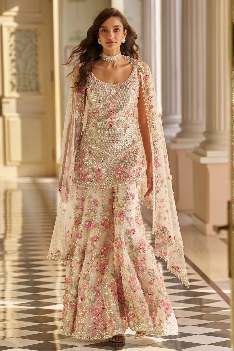 Seema Gujral - Ivory Multi-Coloured Three-Dimensional Sharara Set