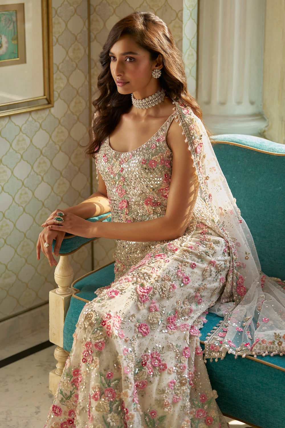 Seema Gujral - Ivory Multi-Coloured Three-Dimensional Sharara Set