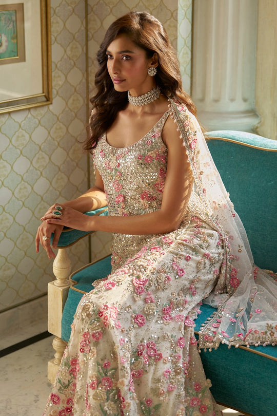 Seema Gujral - Ivory Multi-Coloured Three-Dimensional Sharara Set