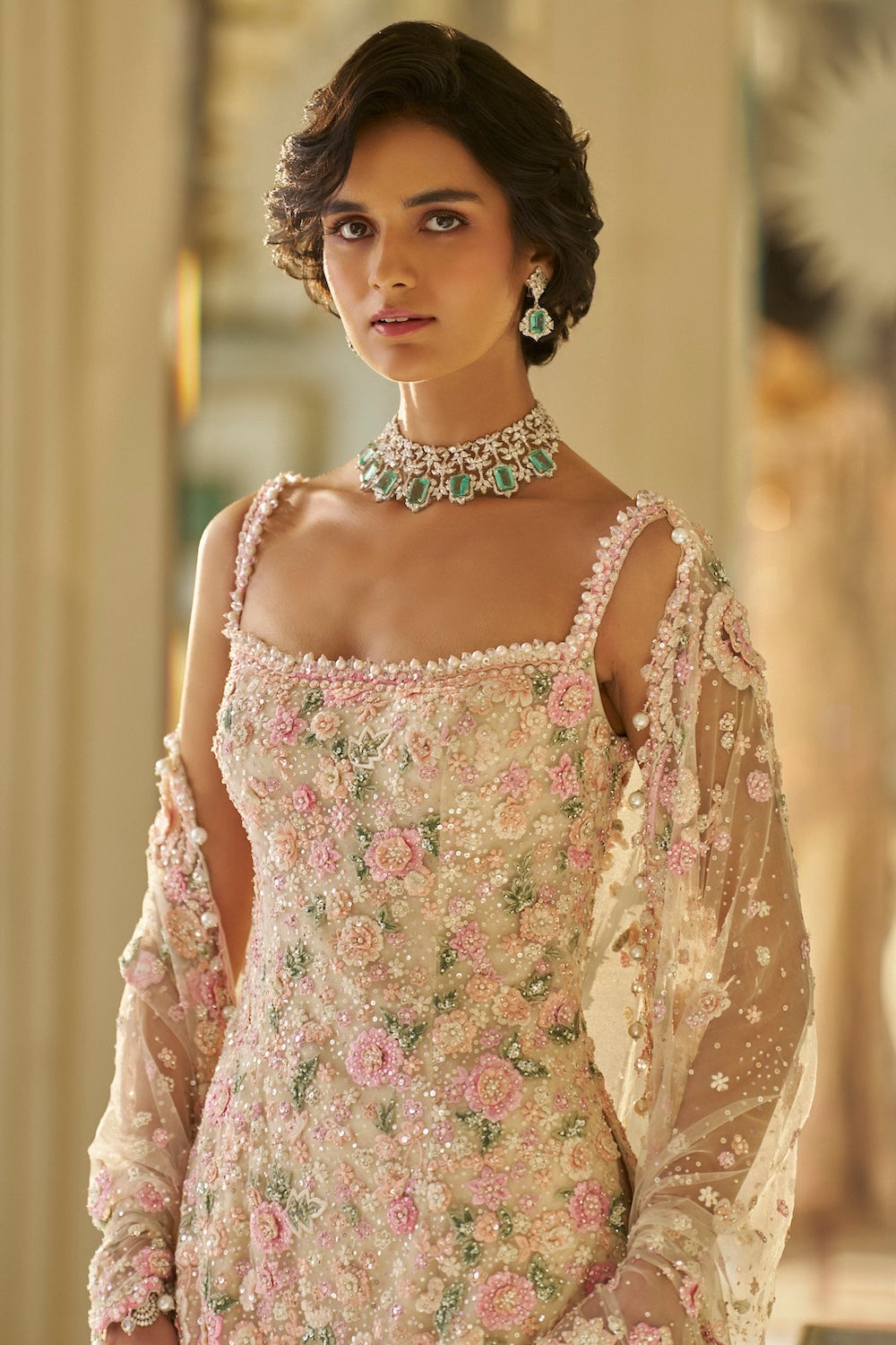 Seema Gujral - Nude Multi-Coloured Three-Dimensional Sharara Set