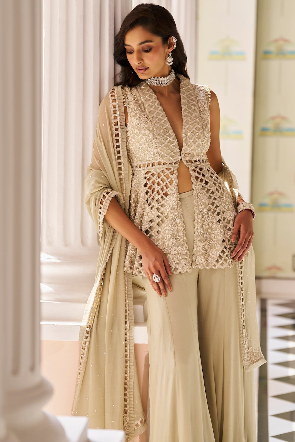 Seema Gujral - Mint Green Cut Work Sharara Set