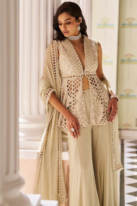 Seema Gujral - Mint Green Cut Work Sharara Set