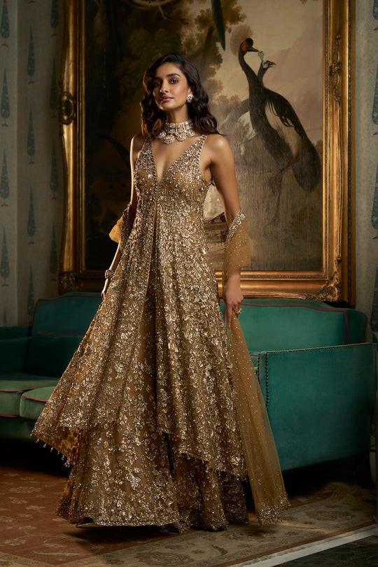 Seema Gujral - Antique Gold High-Low Sharara Set