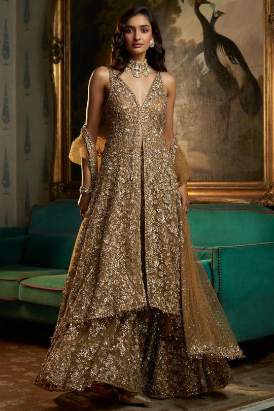 Seema Gujral - Antique Gold High-Low Sharara Set
